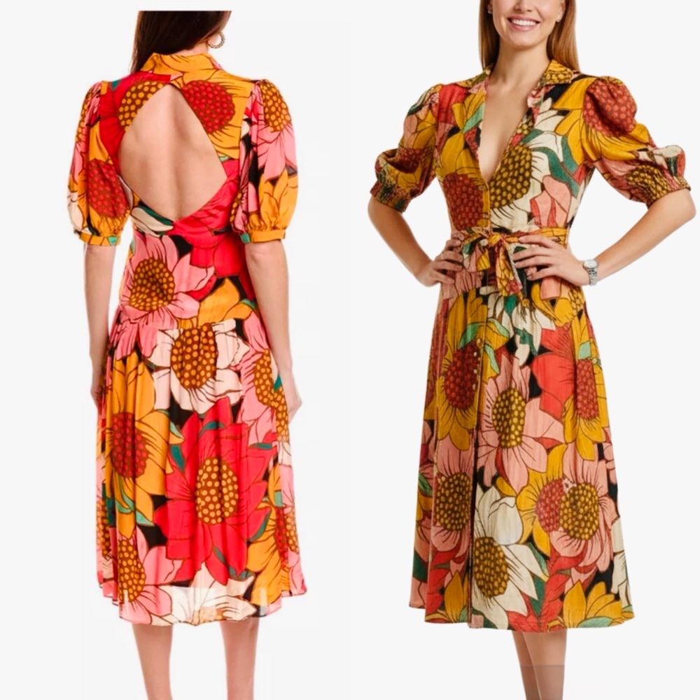 FARM RIO Autumn Colors Floral Open-Back Dress Size S